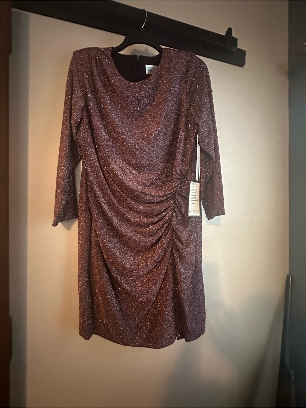 Eliza J Burgundy Sparkle Ruched Long-Sleeve Sheath Dress